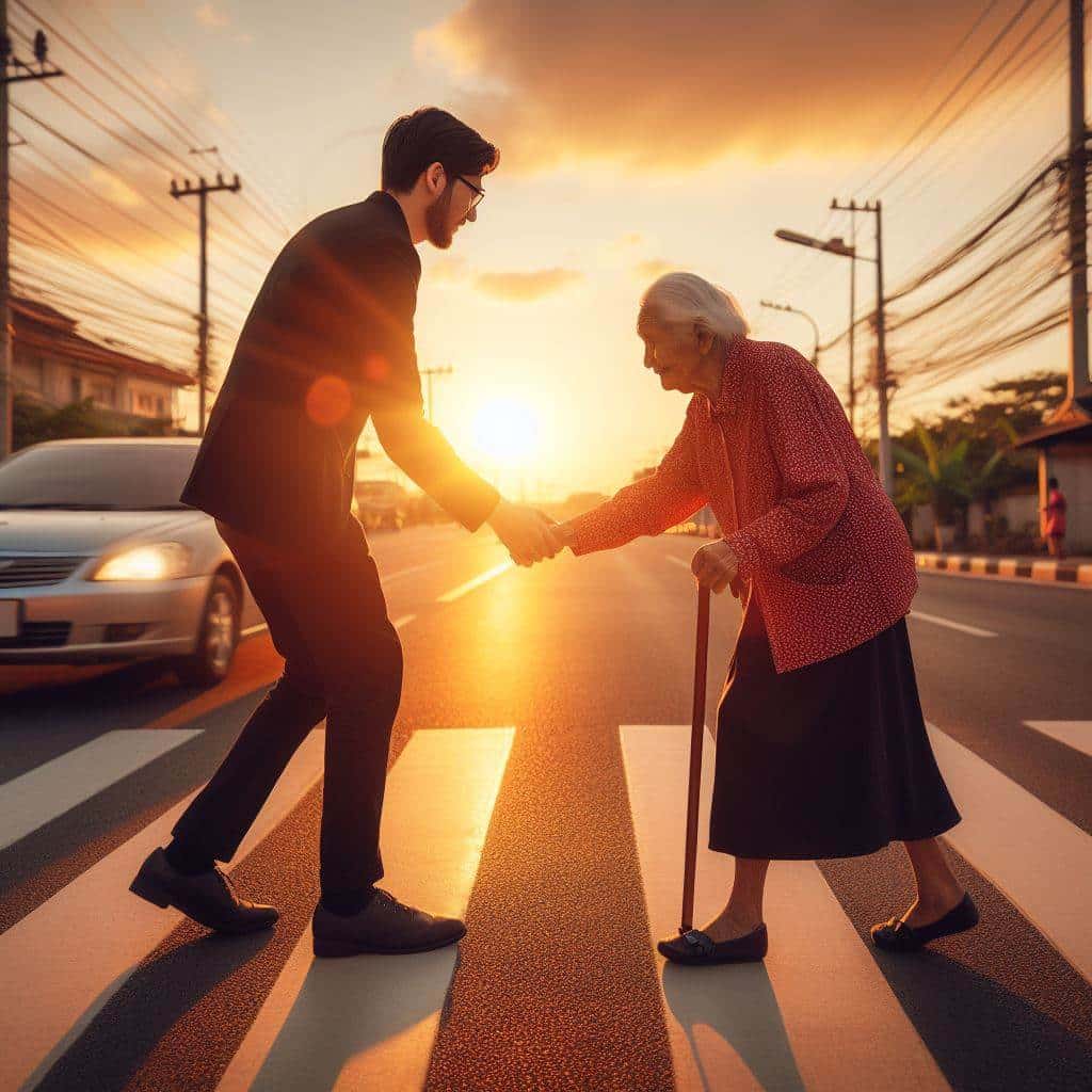 Ein Mann hilft einer alten Frau über die Strasse